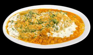 Indian aloo chaat with crispy potatoes and chutneys